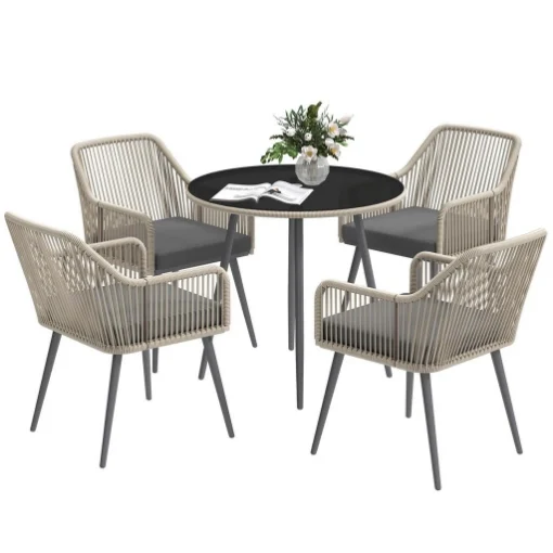 SET DA GIARDINO 5 PEZZI IN RATTAN E ACCIAIO CON 4 SEDIE DA ESTERNO E TAVOLO ROTONDO CON FORO MARRONE E GRIGIO - MAURY'S