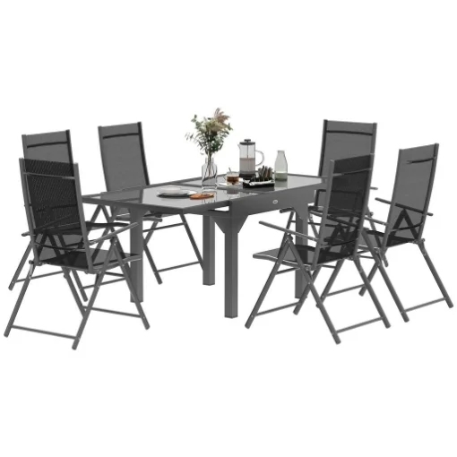SET DA GIARDINO CON TAVOLO ALLUNGABILE IN VETRO E 6 SEDIE DA ESTERNO PIEGHEVOLI ACCIAIO E TEXTILENE GRIGIO - MAURY'S