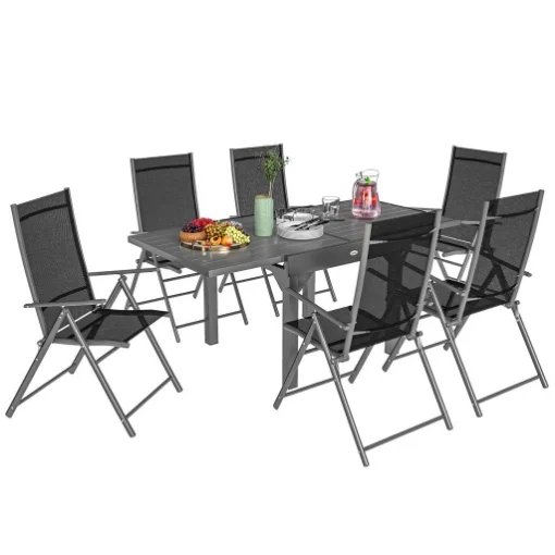 SET DA GIARDINO 7 PEZZI CON 6 SEDIE PIEGHEVOLI E TAVOLO ALLUNGABILE IN ACCIAIO ALLUMINIO E RETE GRIGIO E NERO - MAURY'S