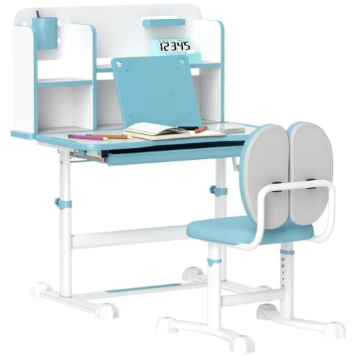 SET SCRIVANIA E SEDIA PER BAMBINI REGOLABILI BANCO SCUOLA CON PIANO INCLINABILE CASSETTO SCAFFALE BLU - MAURY'S