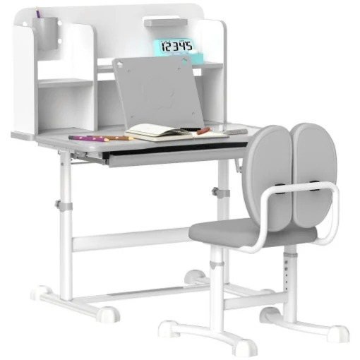 SET SCRIVANIA E SEDIA PER BAMBINI REGOLABILI BANCO SCUOLA CON PIANO INCLINABILE, CASSETTO SCAFFALE GRIGIO - MAURY'S
