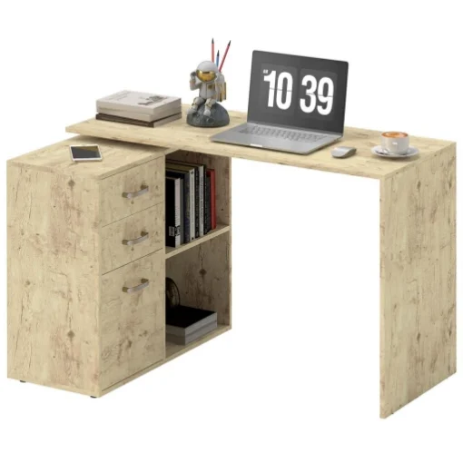 SCRIVANIA ANGOLARE PER PC CON 3 CASSETTI E RIPIANI APERTI IN LEGNO E METALLO 117X83.5X76 CM NOCE - MAURY'S
