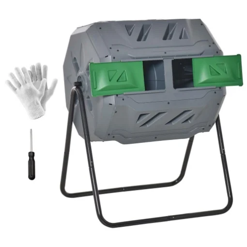 COMPOSTIERA DA GIARDINO GIREVOLE A 2 SEZIONI CON 8 PRESE D'ARIA IN ACCIAIO E PP 71X65X96 CM GRIGIO - MAURY'S