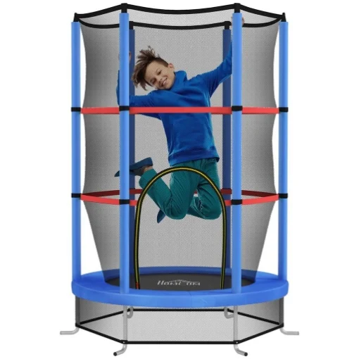TAPPETO ELASTICO PER BAMBINI 3-6 ANNI CON RETE DI PROTEZIONE 6 COLONNE E 3 INGRESSI Ø 140X190 CM BLU E NERO