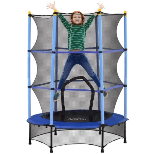 TAPPETO ELASTICO PER BAMBINI CON RETE DI SICUREZZA E PALI IMBOTTITI ETÀ 3-10 ANNI Ø 140 X 190 CM BLU