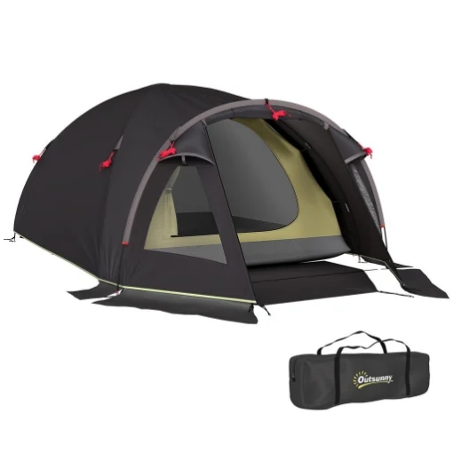 TENDA A TUNNEL PER 2-4 PERSONE CON FINESTRE LATERALI E GANCIO IN POLIESTERE 190T E PE 3.3X1.9X1.2 M NERO