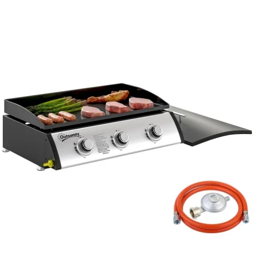 PIASTRA A GAS IN ACCIAIO SMALTATO CON 3 BRUCIATORI POTENZA 7.5KW 3 ZONE DI COTTURA E COPERCHIO NERO - MAURY'S