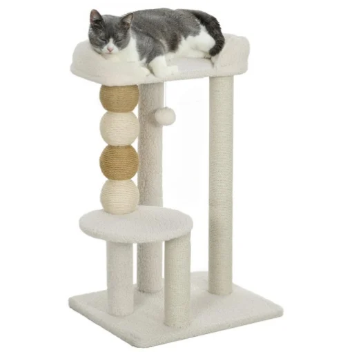 TORRE PER GATTI CON LETTINO PIATTAFORMA E PALLINA GIOCATTOLO IN LEGNO PELUCHE E IUTA 48.5X40X76 CM BEIGE - MAURY'S