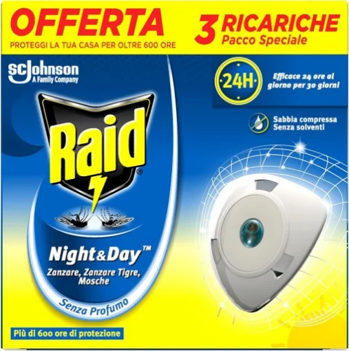 RAID INSETTICIDA CONFEZIONE DA 3 RICARICHE RICARICA NIGHT&DAY REPELLENTE ZANZARE INODORE A SABBIA COMPRESSA