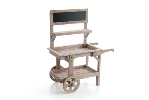 CARRETTO NATURALE ESPOSITORE IN LEGNO PORTA PIANTE CON LAVAGNA 87X47X109 CM USATO COME NUOVO - MAURY'S