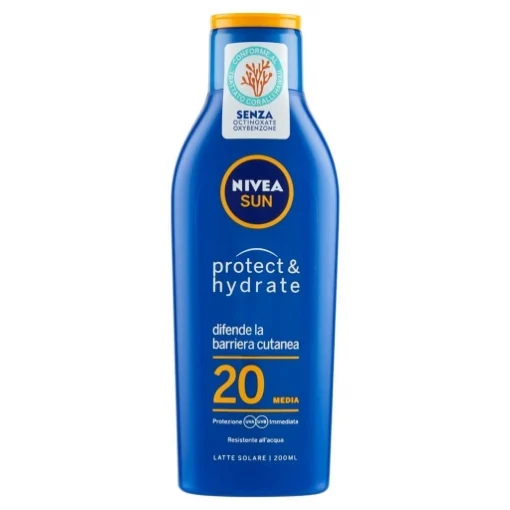 NIVEA SUN PROTEZIONE SOLARE CON VITAMINA C E ACIDO IALURONICO PROTEGGE DAI DANNI UV A BREVE E LUNGO TERMINE SPF 20 MEDIA 200 ML