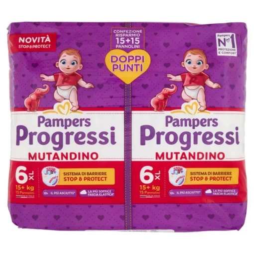 PAMPERS PROGRESSI MUTANDINO SISTEMA DI BARRIERE STOP & PROTECT CONFEZIONE RISPARMIO 15+15 PEZZI 6 KG XL