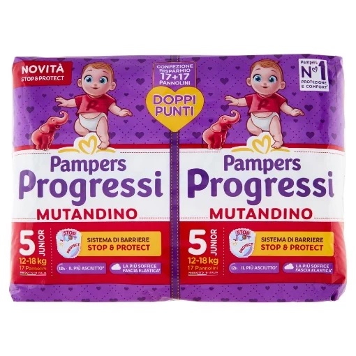 PAMPERS PROGRESSI MUTANDINO SISTEMA DI BARRIERA STOP & PROTECT CONFEZIONE RISPARMIO 34 PZ 12-18 KG 5 JUNIOR