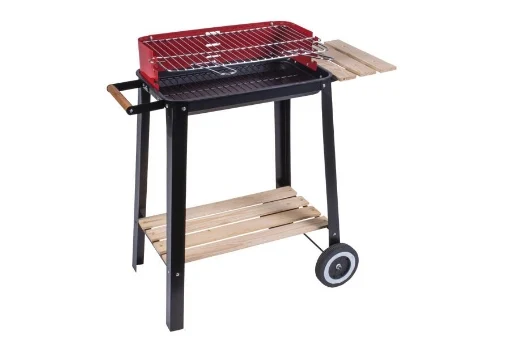 BARBECUE RETTANGOLARE CON RIPIANI IN LEGNO RUOTE PER SPOSTAMENTO E STRUTTURA IN ACCIAIO ROSSA E NERA 51X32X69 CM - MAURY'S