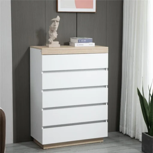 CASSETTIERA 5 CASSETTI MINIMAL IN LEGNO, 80X40X109 CM, BIANCO E COLOR ROVERE - MAURY'S