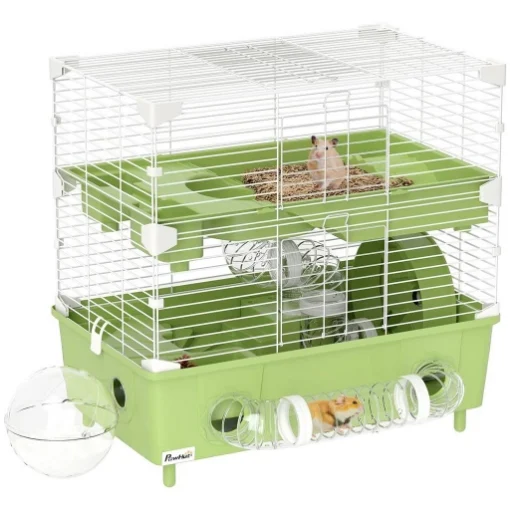 GABBIA PER CRICETI A 2 LIVELLI E 3 PORTE CON RUOTA E TUBI IN ACCIAIO PS E PP 44.5X28X44 CM VERDE E BIANCO - MAURY'S