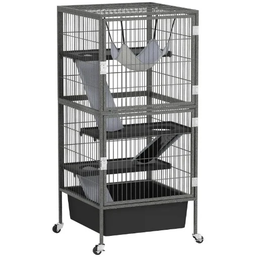 GABBIA PER PICCOLI ANIMALI A 4 LIVELLI CON RAMPE PIATTAFORME AMACA E RUOTE 52X52X115 CM GRIGIO - MAURY'S