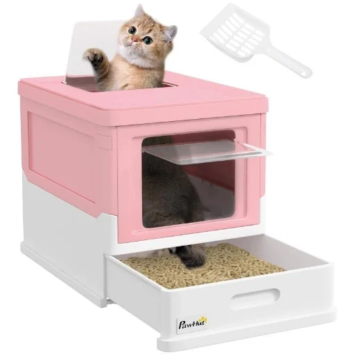 LETTIERA PER GATTI CHIUSA IN PP A 2 PORTE CON PALETTA E VASSOIO ESTRAIBILE 47.5X35.5X36.7 CM ROSA E BIANCO - MAURY'S