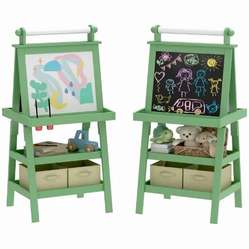 LAVAGNA PER BAMBINI CON CAVALLETTO 3 IN 1, ROTOLO DI CARTA E 2 CONTENITORI, IN LEGNO, 59X48X118 CM, VERDE - MAURY'S