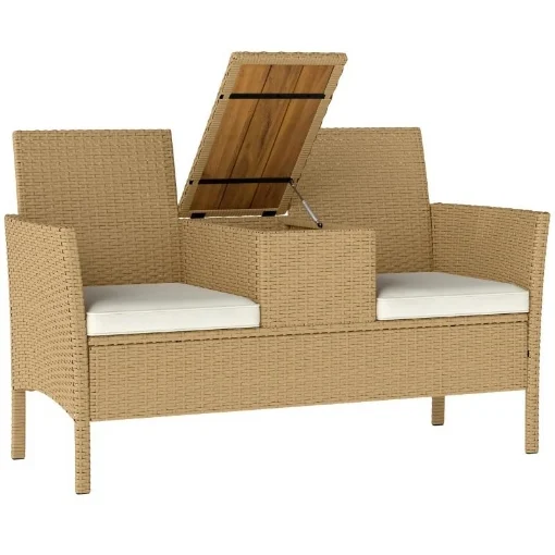 PANCA DA GIARDINO CON TAVOLINO A RIBALTA PORTAOGGETTI IN RATTAN E ACCIAIO 134X58X82 CM CREMA E CACHI - MAURY'S