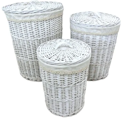SET DI 3 CESTE PORTA BIANCHERIA TONDE IN VIMINI COLOR BIANCO MISURE: 42X58CM, 36X48CM, 30X40CM - ELLESSE