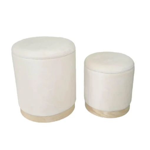 SET 2 POUF CONTENITORI IN VELLUTO BIANCO E CON DETTAGLIO IN LEGNO MISURE: 44/34H - ELLESSE