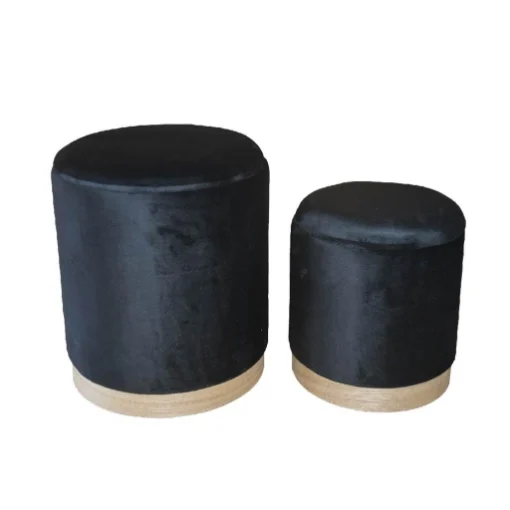 SET 2 POUF CONTENITORI IN VELLUTO NERO E CON DETTAGLIO IN LEGNO MISURE: 44/34H - ELLESSE