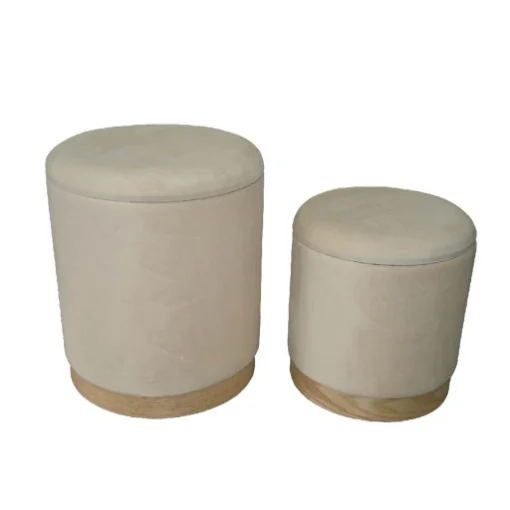 SET 2 POUF CONTENITORI IN VELLUTO BEIGE E CON DETTAGLIO IN LEGNO MISURE: 44/34H - ELLESSE