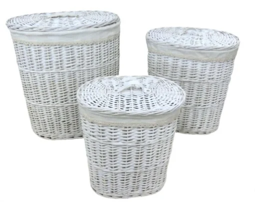 SET DI 3 CESTE PORTA BIANCHERIA OVALI IN VIMINI COLOR BIANCO MISURE: 50X37X56CM, 43X31X48CM, 35X25X40CM - ELLESSE