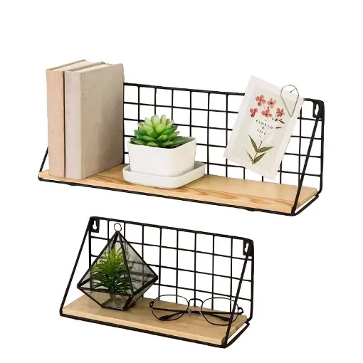 SET DI 2 MENSOLE IN MDF EFFETTO LEGNO CON STRUTTURA IN METALLO MISURE: 30X11X14,3CM, 15X12X15CM - ELLESSE