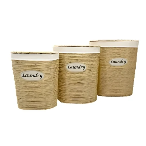 SET DI 4 CESTE PORTA BIANCHERIA OVALI IN VIMINI CON SCRITTA SUL DAVANTI LAUNDRY MISURE: 42X31X28CM, 37X26X26CM, 31X21X22CM - ELLESSE