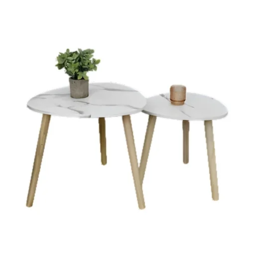 SET DI DUE TAVOLINI CON PIEDI IN LEGNO CHIARO E TOP IN MDF EFFETTO MARMO MISURE: 38X40CM, 48X45CM - ELLESSE