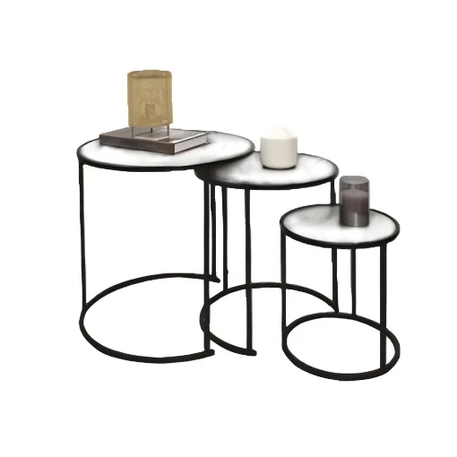 SET DI TRE TAVOLINI OVALI CON STRUTTURA IN METALLO NERO E TOP IN MDF EFFETTO MARMO MISURE: 30X31CM, 40X39CM, 50X46CM - ELLESSE