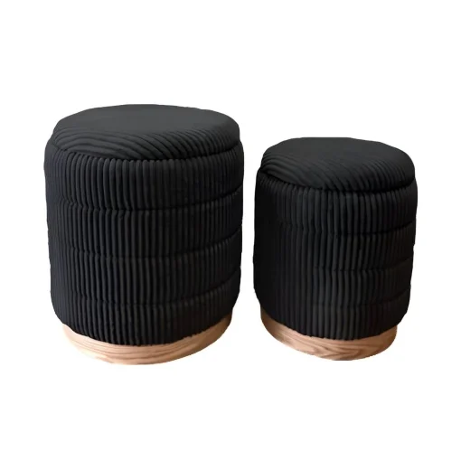 SET 2 POUF CONTENITORI IN VELLUTO NERO E CON DETTAGLIO IN LEGNO MISURE: 44/38H - ELLESSE