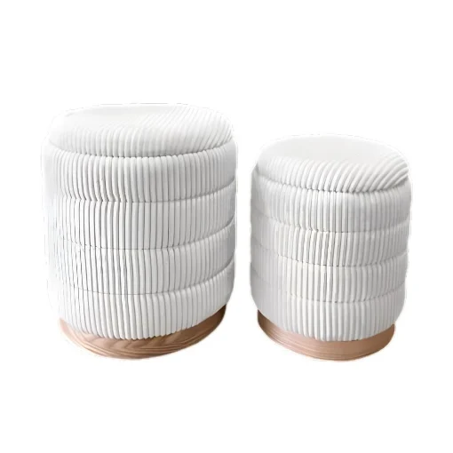 SET 2 POUF CONTENITORI IN VELLUTO BIANCO E CON DETTAGLIO IN LEGNO MISURE: 44/38H - ELLESSE