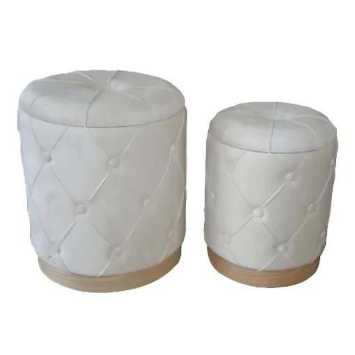 SET 2 POUF CONTENITORI IN VELLUTO BIANCO EFFETTO TRAPUNTATO E CON DETTAGLIO IN LEGNO MISURE: 44/38H - ELLESSE