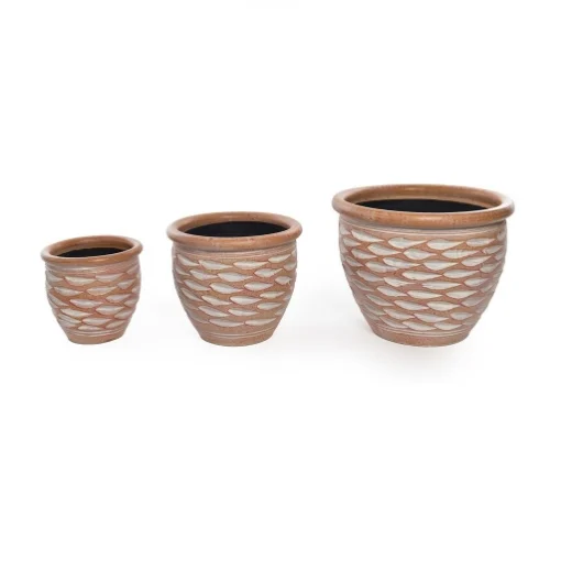SET 3 DI VASI CACHEPOT REALIZZATI IN CERAMICA COLORE TERRACOTTA CON FOGLIE AVORIO - D.15.2XH.20.3, 20.3X30.5, 25.4X38 D.38XH.25.4CM