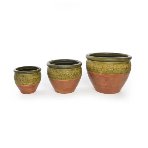 SET 3 DI VASI CACHEPOT REALIZZATI IN CERAMICA BICOLORE CON ORNAMENTI FLOREALI - D.15.2XH.20.3, 20.3X30.5, 25.4X38 D.38XH.25.4CM