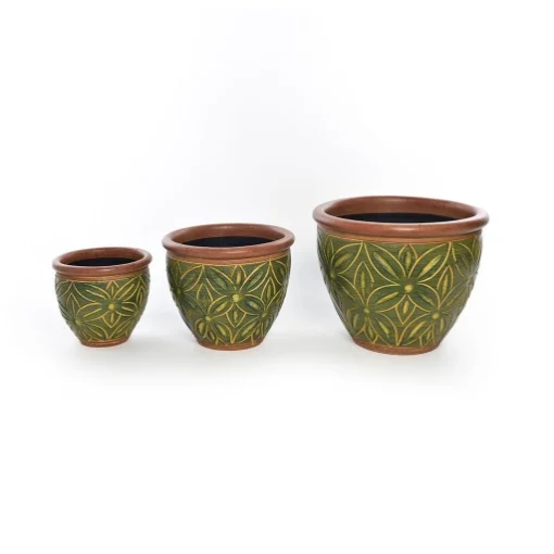 SET 3 DI VASI CACHEPOT REALIZZATI IN CERAMICA COLORE VERDE EFFETTO FLOREALE - D.15.2XH.20.3, 20.3X30.5, 25.4X38 D.38XH.25.4CM