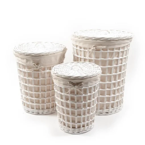 SET 3 CESTE TONDE PORTABIANCHERIA IN VIMINI BIANCO EFFETTO RETE CON COPERCHIO E FIOCCO, INTERNO IN TESSUTTO BEIGE - MERCURY