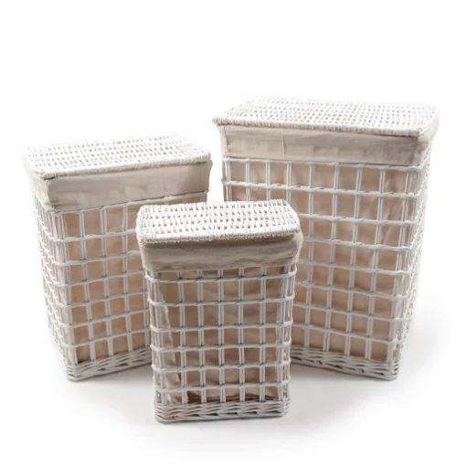 SET 3 CESTE RETTANGOLARI PORTABIANCHERIA IN VIMINI BIANCO EFFETTO RETE CON COPERCHIO, INTERNO IN TESSUTTO BEIGE - MERCURY