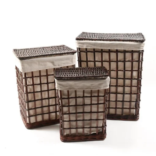 SET 3 CESTE RETTANGOLARI PORTABIANCHERIA IN VIMINI MARRONE EFFETTO RETE CON COPERCHIO, INTERNO IN TESSUTTO BEIGE - MERCURY
