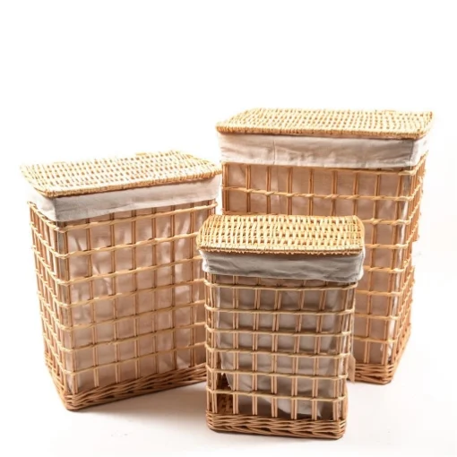 SET 3 CESTE RETTANGOLARI PORTABIANCHERIA IN VIMINI EFFETTO RETE CON COPERCHIO, INTERNO IN TESSUTTO BEIGE - MERCURY