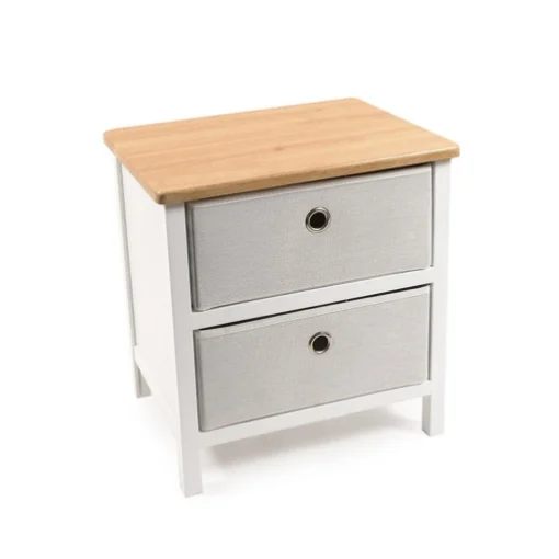 MOBILETTO DA ARREDO 2 CASSETTI IN LEGNO BIANCO CON CASSETTI IN TESSUTO GRIGIO CHIARO DI DESIGN, ASSEMBLAGGIO SENZA ATTREZZI - H.43 X 41 X 32CM OKX
