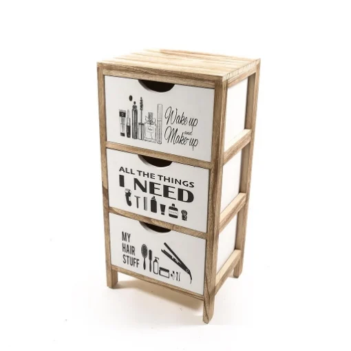 MOBILETTO DA ARREDO BAGNO CON STRUTTURA IN LEGNO CHIARO CON 3 CASSETTI BIANCHI E SCRITTE DISEGNI - H.61 X 30 X 24 CM