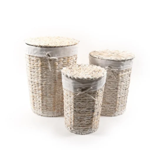 SET 3 CESTE PORTABIANCHERIA IN BANANO EFFETTO VIMINI CON COPERCHIO E FIOCCO , INTERNO IN TESSUTTO BEIGE - MERCURY