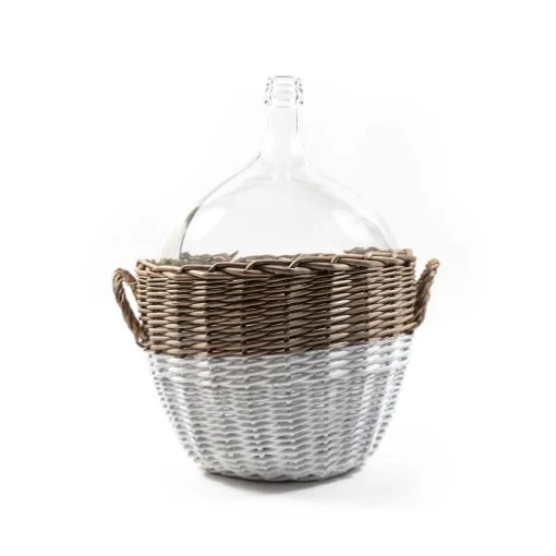 VASO A FORMA DI DAMIGIANA DA ARREDO IN VETRO LAVORATO CON CESTINO IN VIMINI BICOLORE CON 2 MANICI - H.54 X 45 X 40 CM