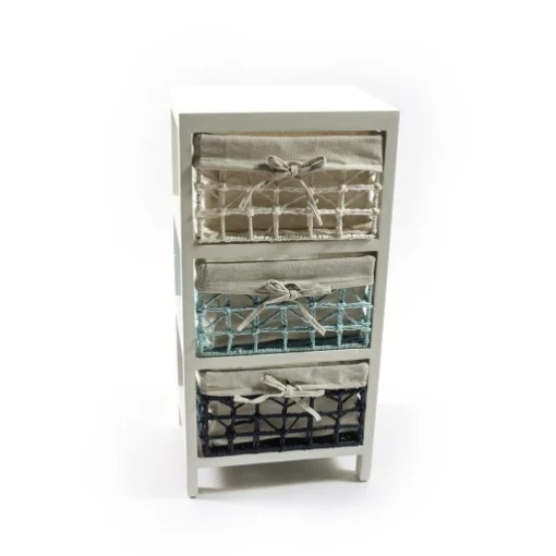 MOBILETTO DA ARREDO CON STRUTTURA IN LEGNO BIANCO, 3 CASSETTI INTRECCIATI EFFETTO UNCINETTO INTERNO IN TESSUTO CON FIOCCO -30 X 24 X 61 CM OKX