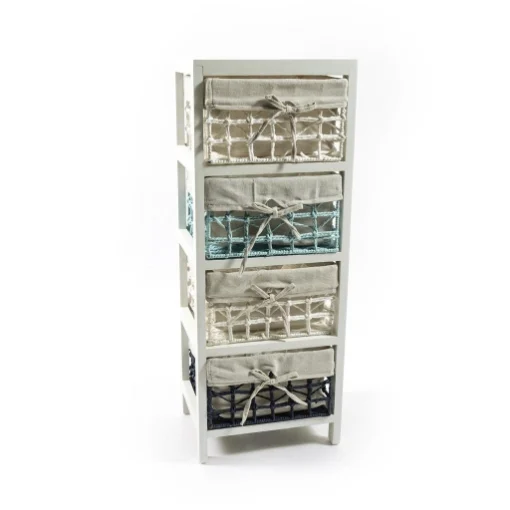 MOBILETTO DA ARREDO CON STRUTTURA IN LEGNO BIANCO, 4 CASSETTI INTRECCIATI EFFETTO UNCINETTO INTERNO IN TESSUTO CON FIOCCO- 30 X 24 X 79 CM OKX