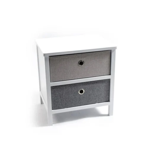 MOBILETTO DA ARREDO 2 CASSETTI IN LEGNO BIANCO CON CASSETTI IN TESSUTO GRIGIO DI DESIGN, ASSEMBLAGGIO SENZA ATTREZZI- 41 X 32 X H.43 CM OKX